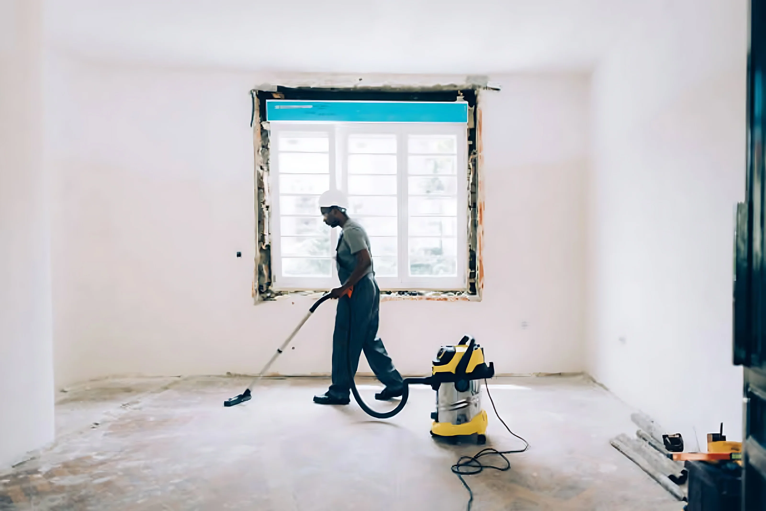 Man Cleaning floor after recent building constructions